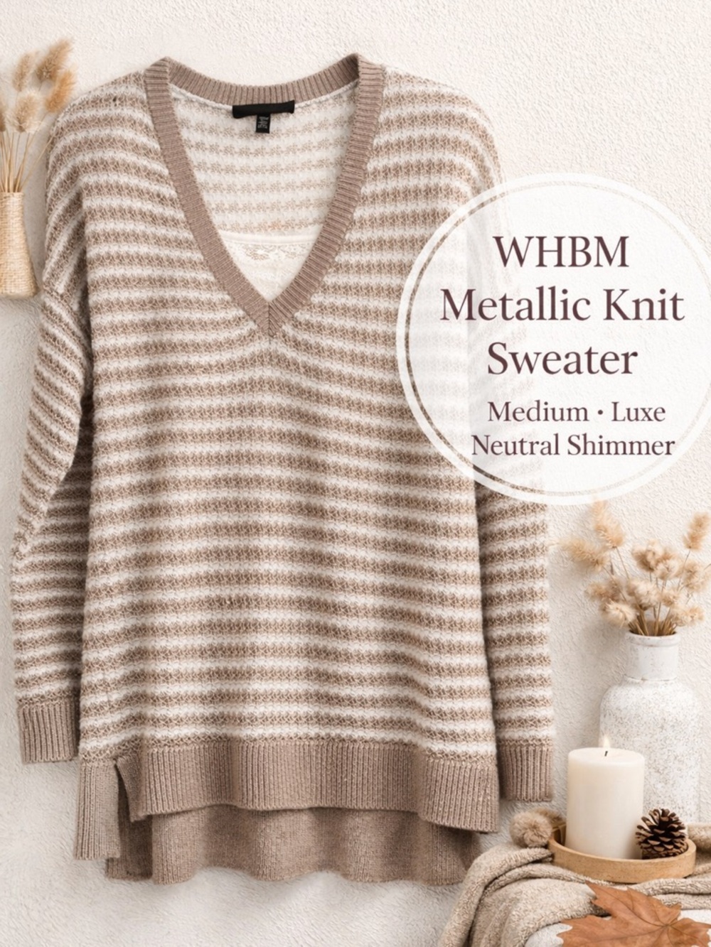 WHBM White House Black Market Metallic Open Knit V-Neck Sweater Medium